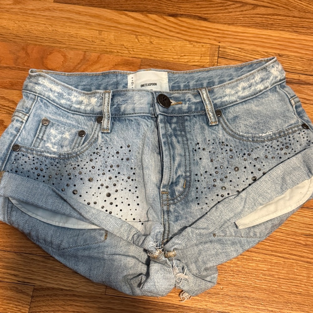 Embellished Light Blue Denim Shorts